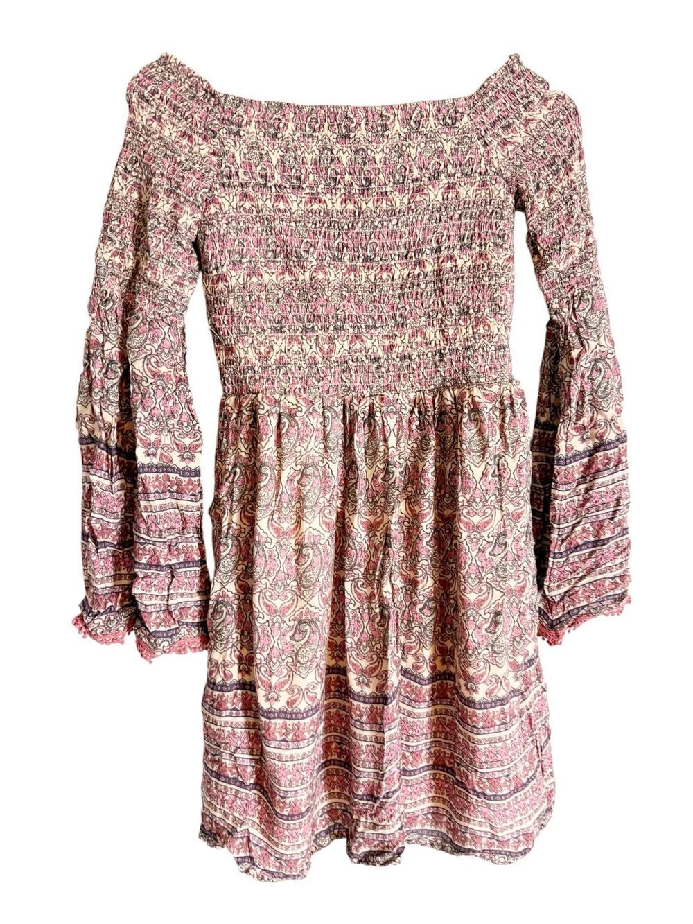 Xhilaration Cream Pink Boho Paisley Print Smocked Long Bell Sleeve Mini Dress M
